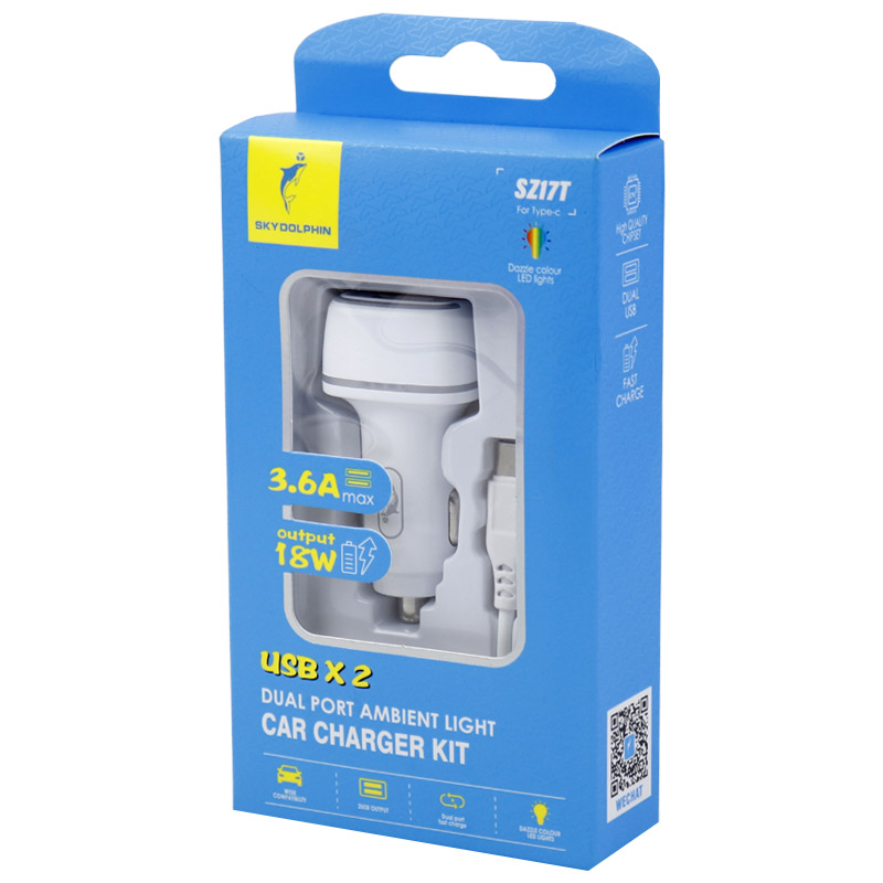 شارژر فندکی 2 پورت + کابل تایپ سی Sky Dolphin SZ17T