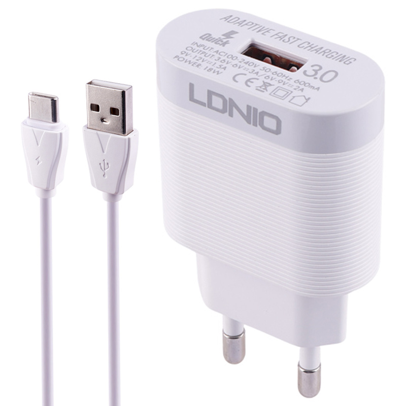 شارژر 18 وات + کابل Type-C فست شارژ الدینیو LDNIO A303Q