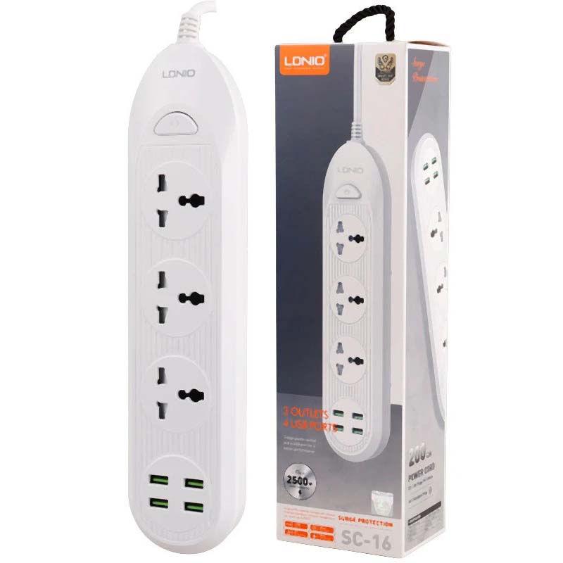 چند راهی 3 خانه برق ارت دار 2 متری + 4 پورت USB الدینیو LDNIO SC-16