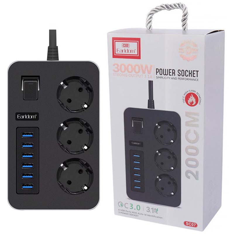 چند راهی 3 خانه برق ارت دار 2 متری + 6 پورت USB ارلدام SC07