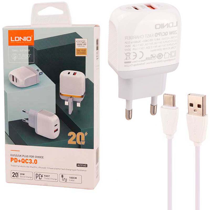شارژر 20 وات 2 پورت PD+USB + کابل Type-C فست الدینیو LDNIO A2316C