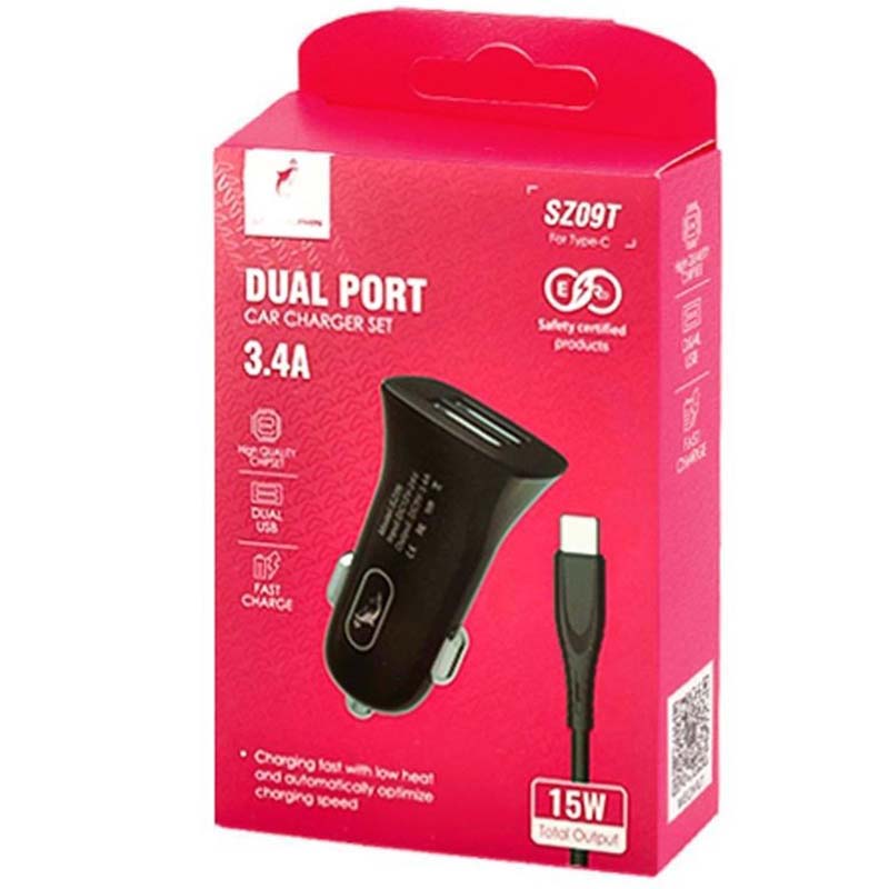 شارژر فندکی 2 پورت + کابل تایپ سی Sky Dolphin SZ09T