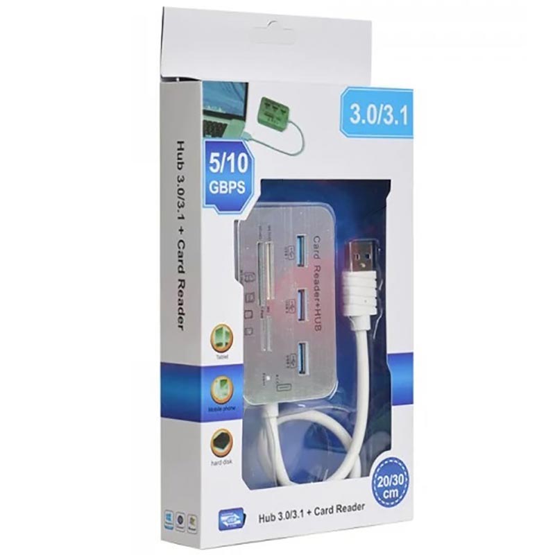 هاب 3 پورت USB3.0 + رم ریدر آداپتور خور پک سفید آبی