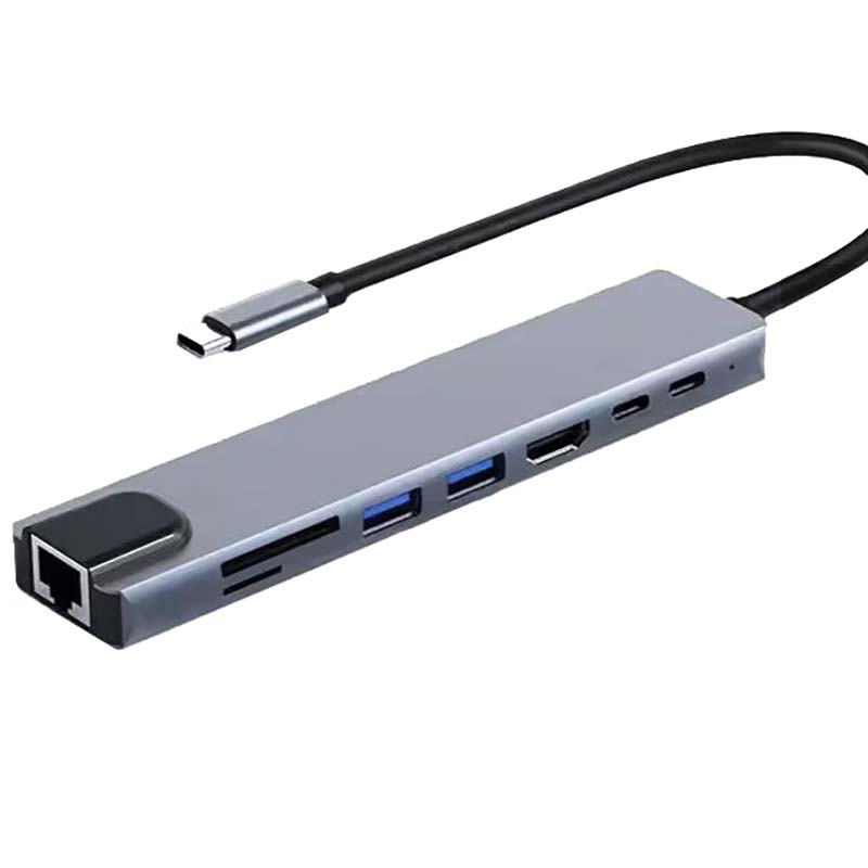 هاب + تبدیل 8IN1 Type-C TO Lan+Type-C+HDMI+USB3.0+SD+TF پک سفید آبی