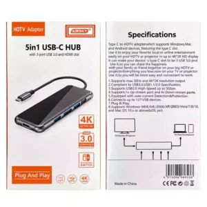 هاب + تبدیل 5IN1 Type-C TO HDMI+3*USB3+Type-C ایراسکای Airsky HC-64D