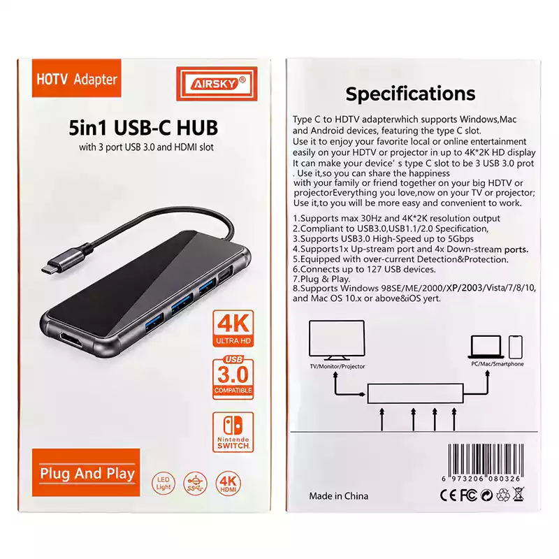 هاب + تبدیل 5IN1 Type-C TO HDMI+3*USB3+Type-C ایراسکای Airsky HC-64D